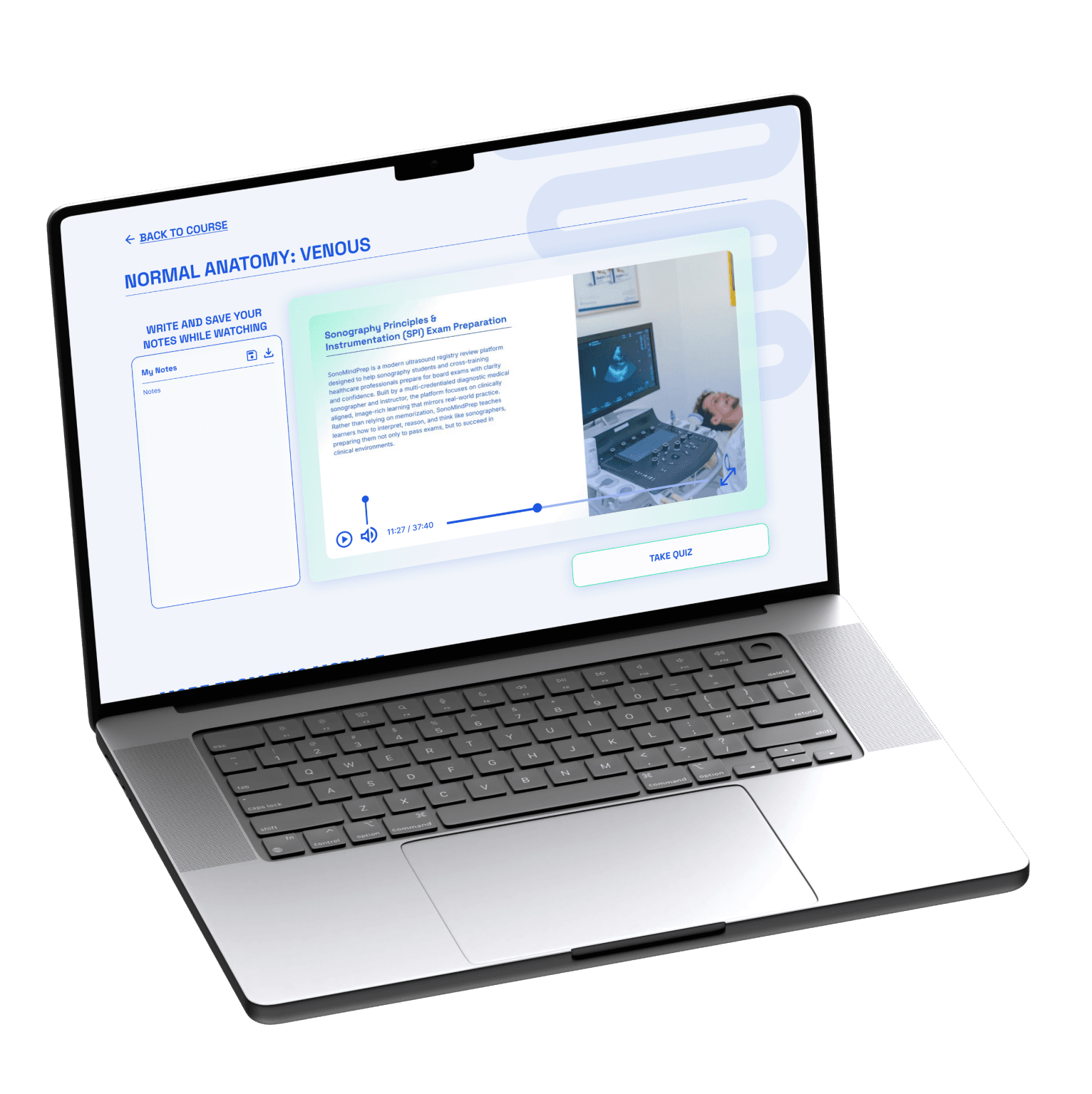 Laptop showing SonoMindPrep course interface