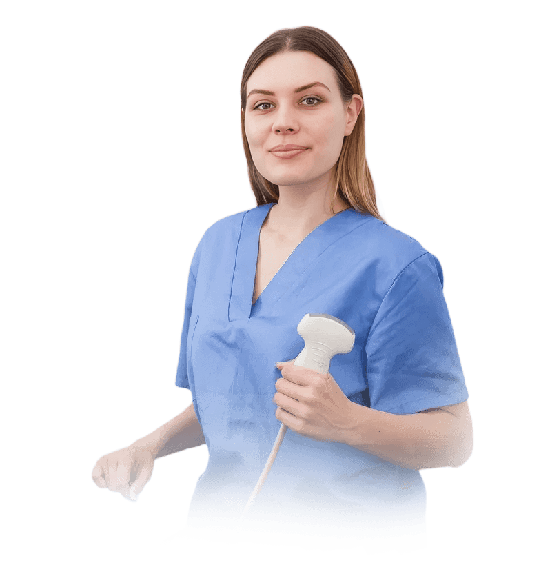 Sonographer in scrubs with an ultrasound transducer
