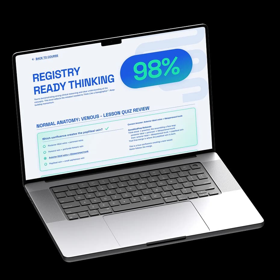 Laptop showing a SonoMindPrep lesson quiz review scored 98%